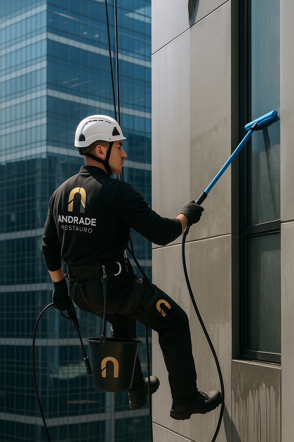 Técnico da Andrade Restauro com capacete e cinto de segurança, suspenso por cordas, limpando a fachada de vidro de um edifício comercial